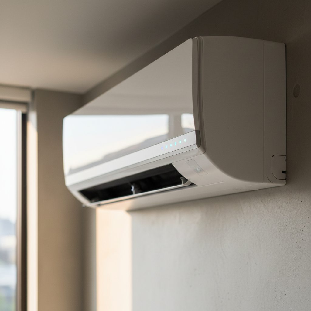 Airconditioning installatie bij bakstenen woning in Vlaanderen