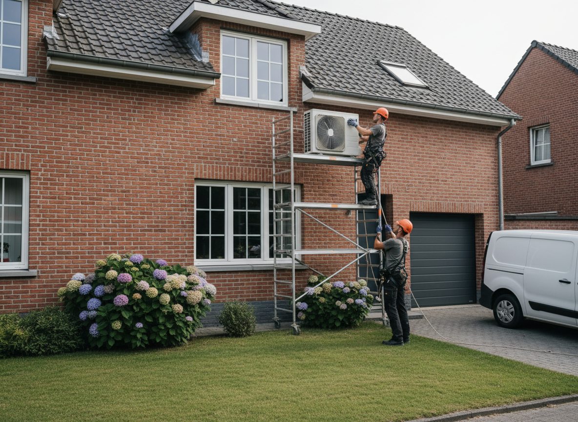 Airconditioning installatie bij bakstenen woning in Vlaanderen