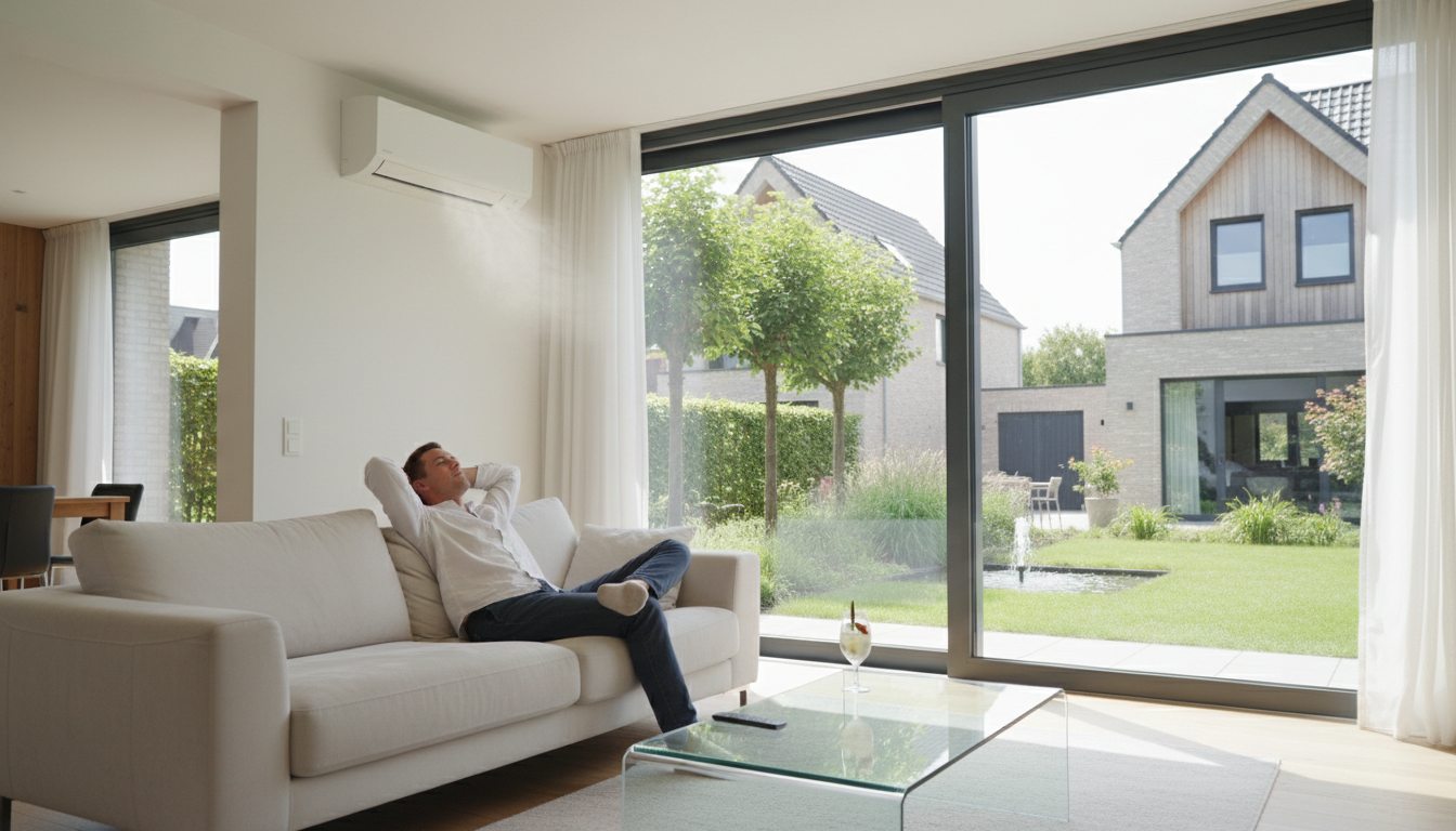 Airconditioning installatie bij bakstenen woning in Vlaanderen