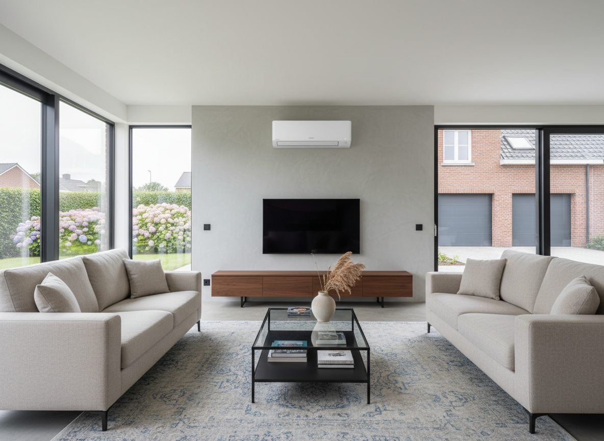 Airconditioning installatie bij bakstenen woning in Vlaanderen